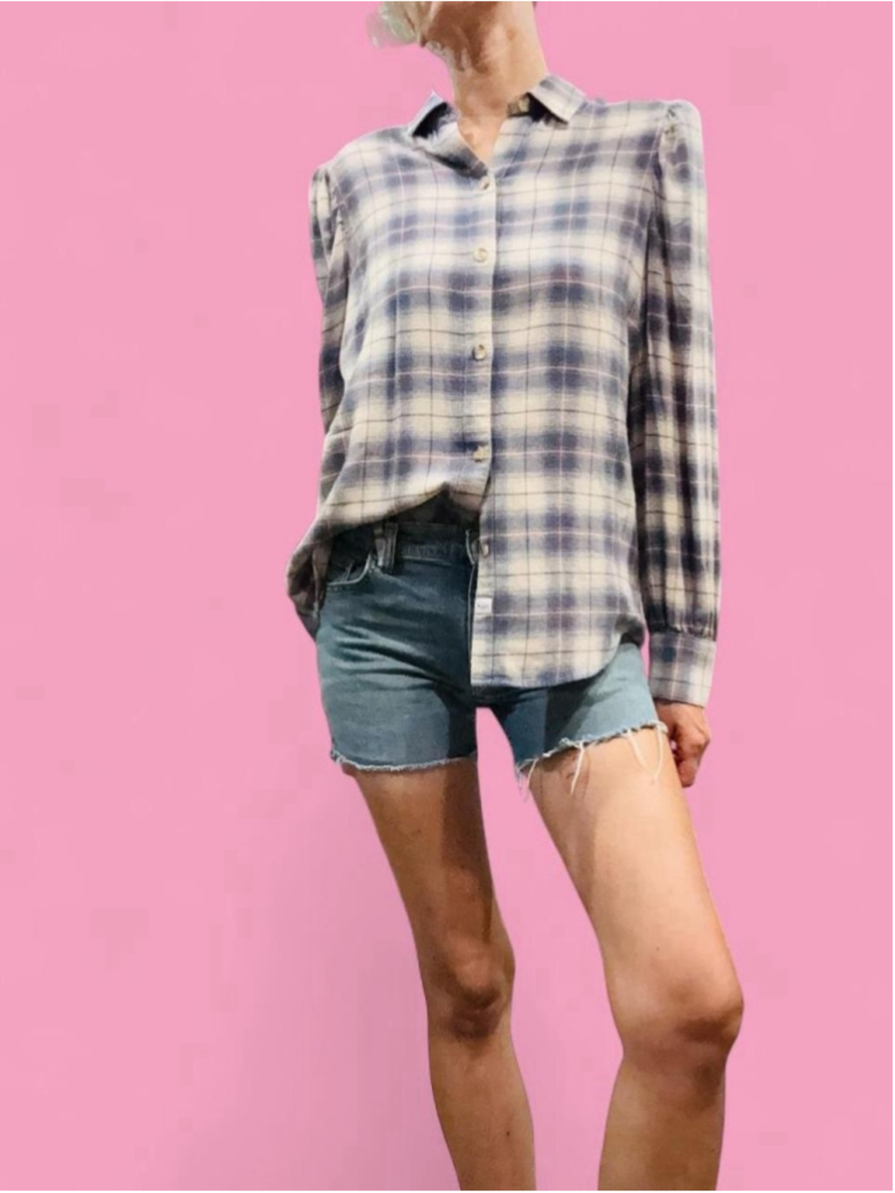 Rails Angelica Plaid Puff Sleeve Shirt Small Shoulder Pads Blue Cream Pink EUC